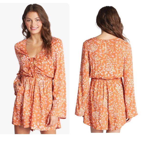 Roxy Spirit Awakes v-Neck Romper  Backed Clay Orange Floral Playsuit size S - Picture 3 of 13